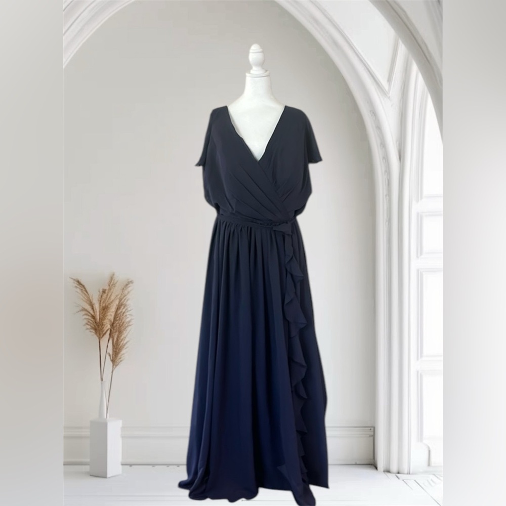 NWT Stormy Blue chiffon bridesmaids dress with ruffle. 24 plus.